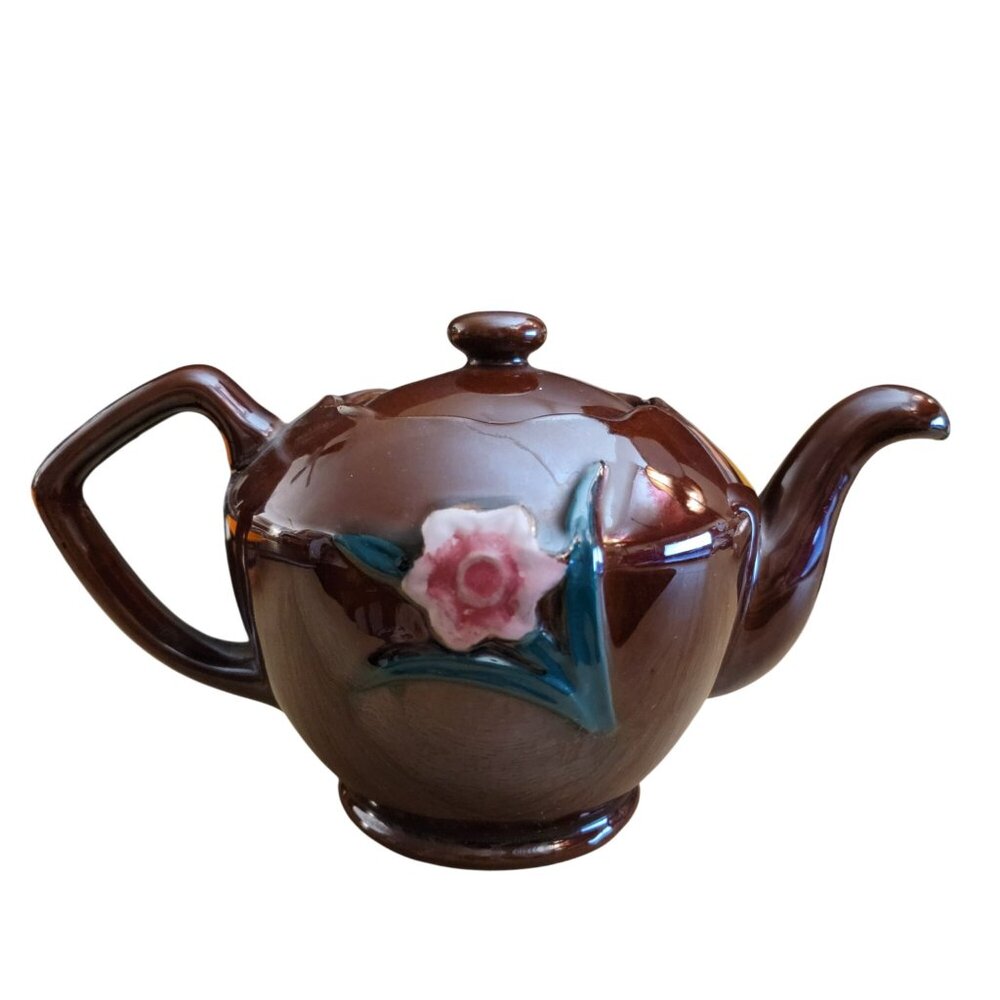 Vintage Brown Floral Ceramic Teapot Made in Japan Raised Flower Design - Picture 3 of 9
